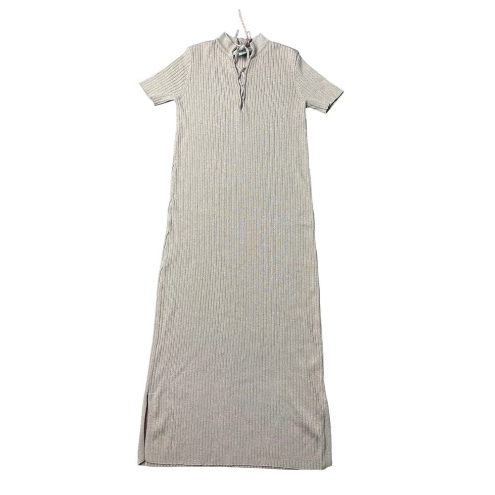 Anthropologie Saturday Sunday XS Metallic Ribbed Knit Lace Up Midi Dress Pink